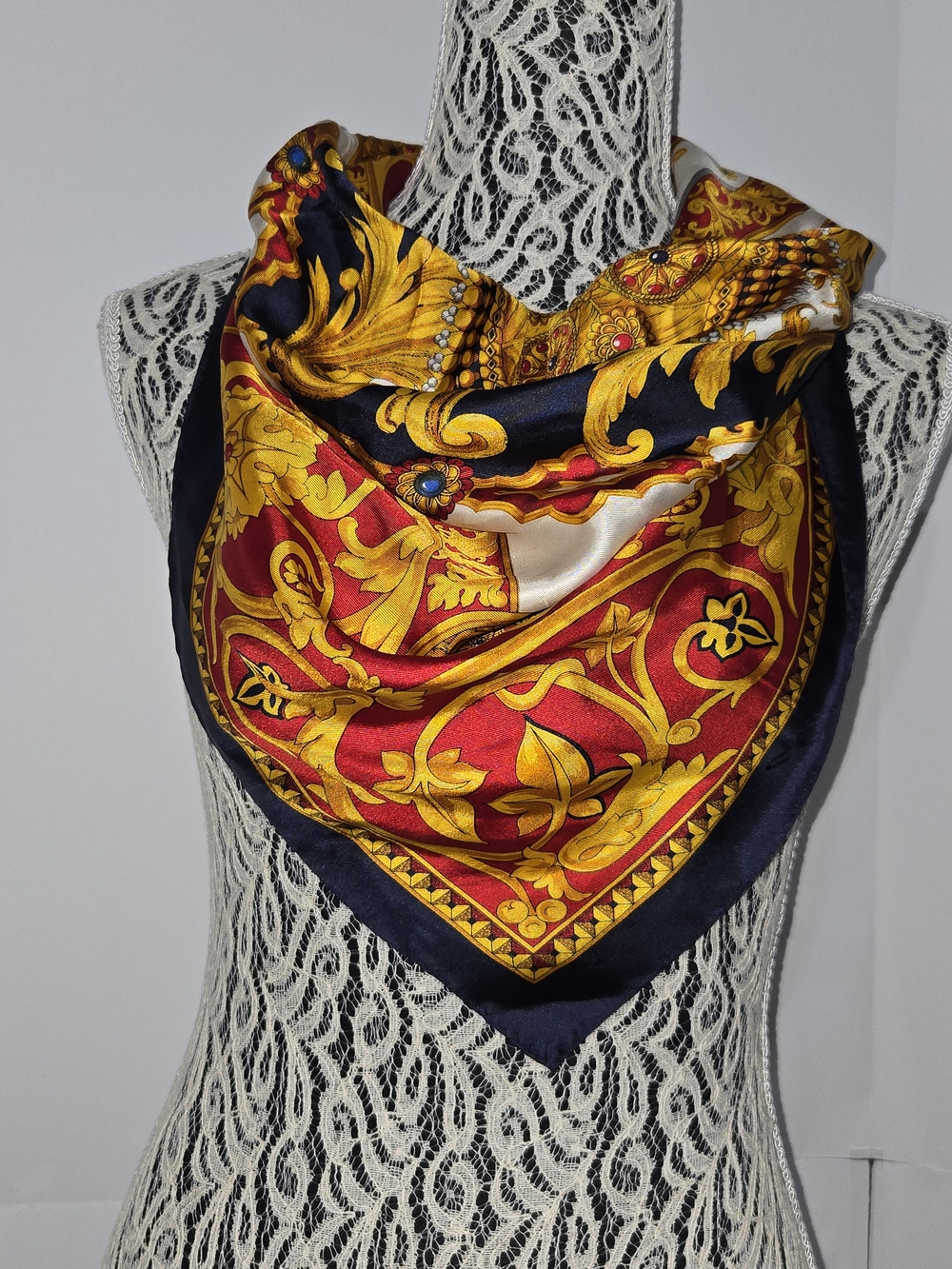 Baroque-Print Satin Scarf in Red, Gold & Navy